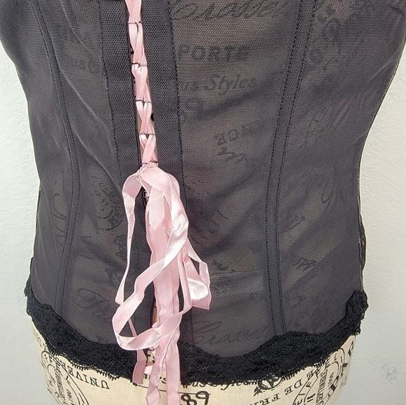 Cacique Sensual Corset Top 14/16 Pink Black Lace Up Boning Lace Overlaid - Picture 7 of 9